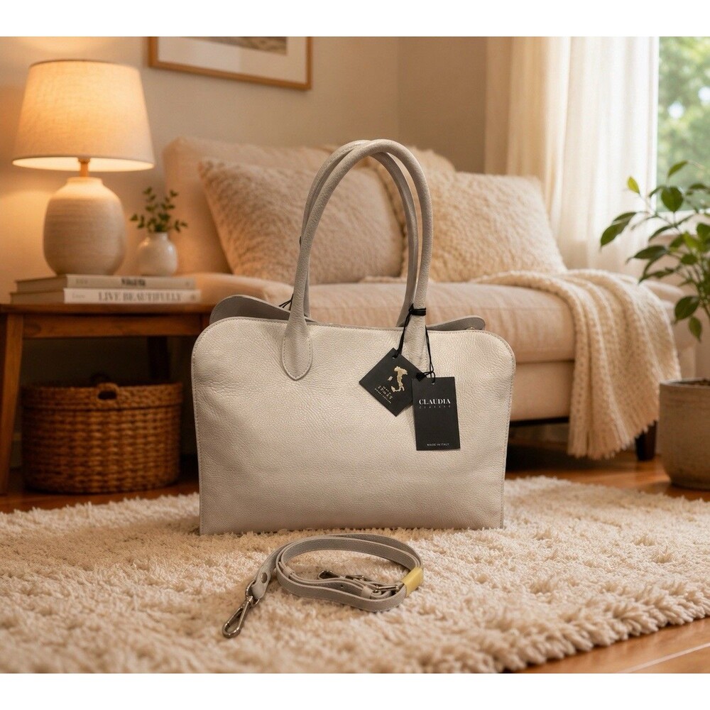 Claudia Firenze Genuine Italian Cream Pebbled Leather Tote Handbag Purse New